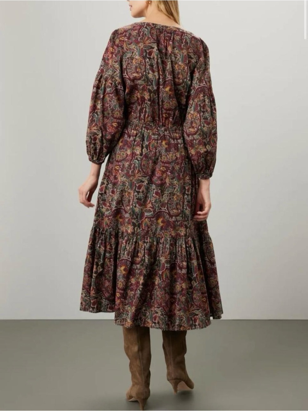 Lauren Ralph Lauren burgundy floral and paisley cotton voile tiered midi dress - Picture 4 of 7